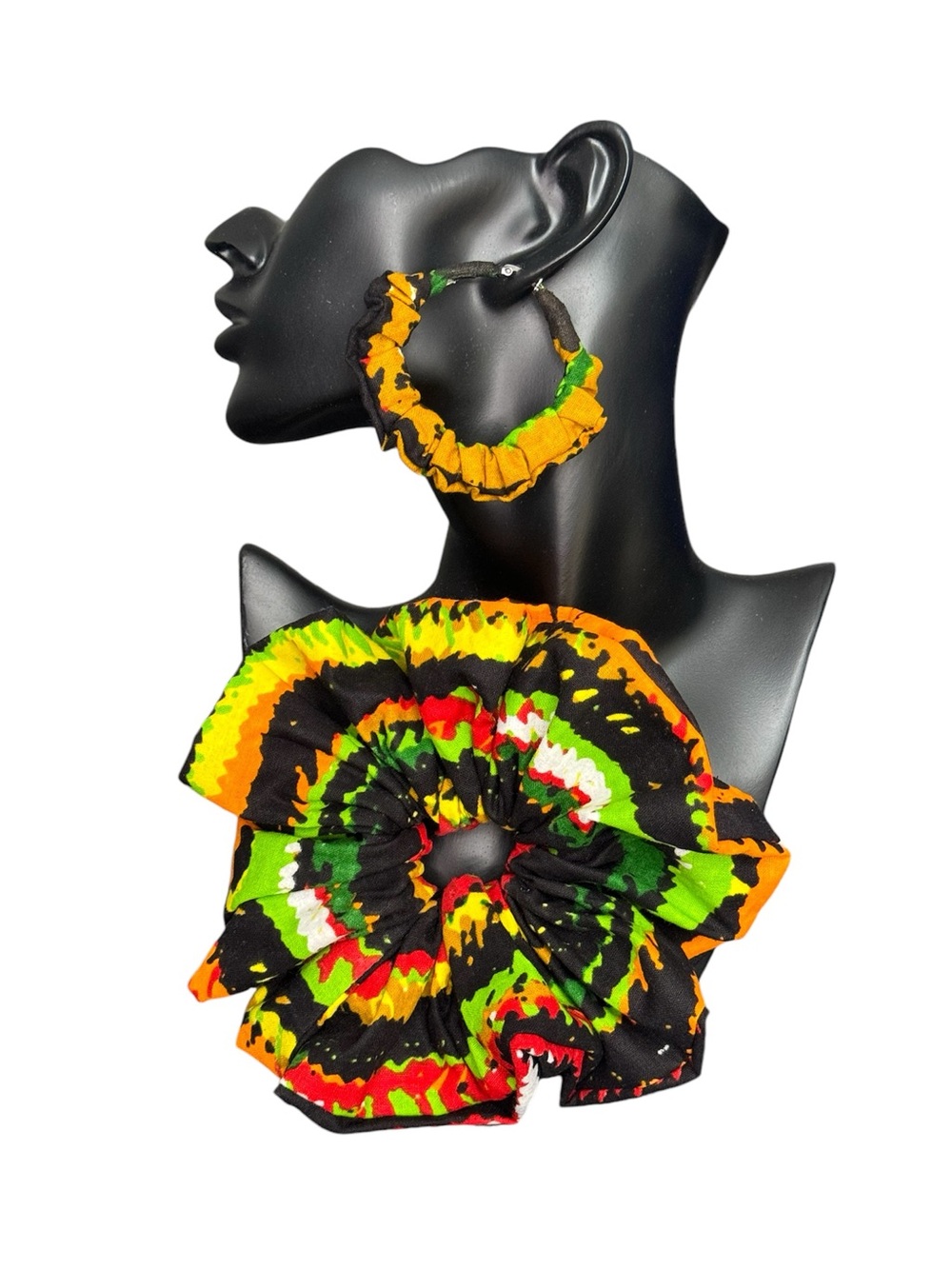 Handmade African Ankara Print Scrunchie & Hoop Earring Set | Vibrant Multicolor